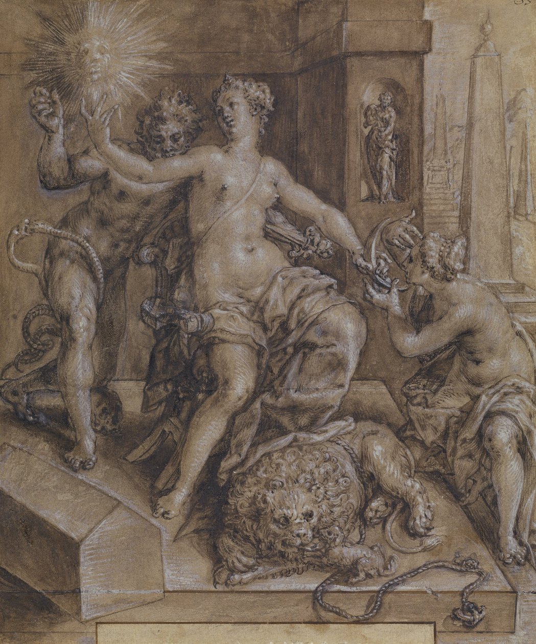 Suunnittelu hyveen peilin keskiosalle tekijältä Cornelis Ketel