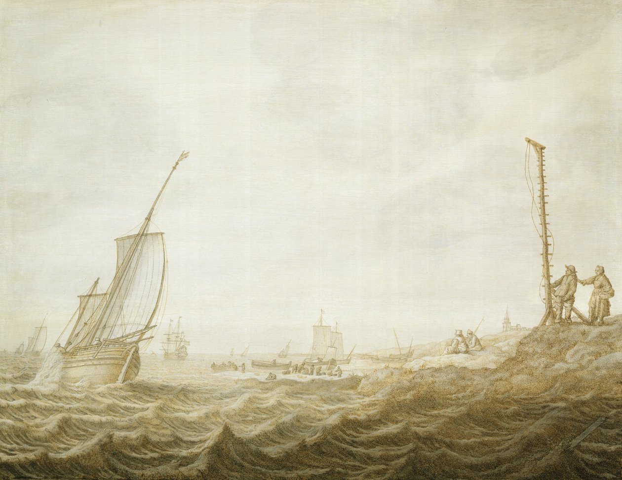 Grisaille rannikkokohtauksesta hahmoineen tekijältä Cornelis Pietersz. de Mooy