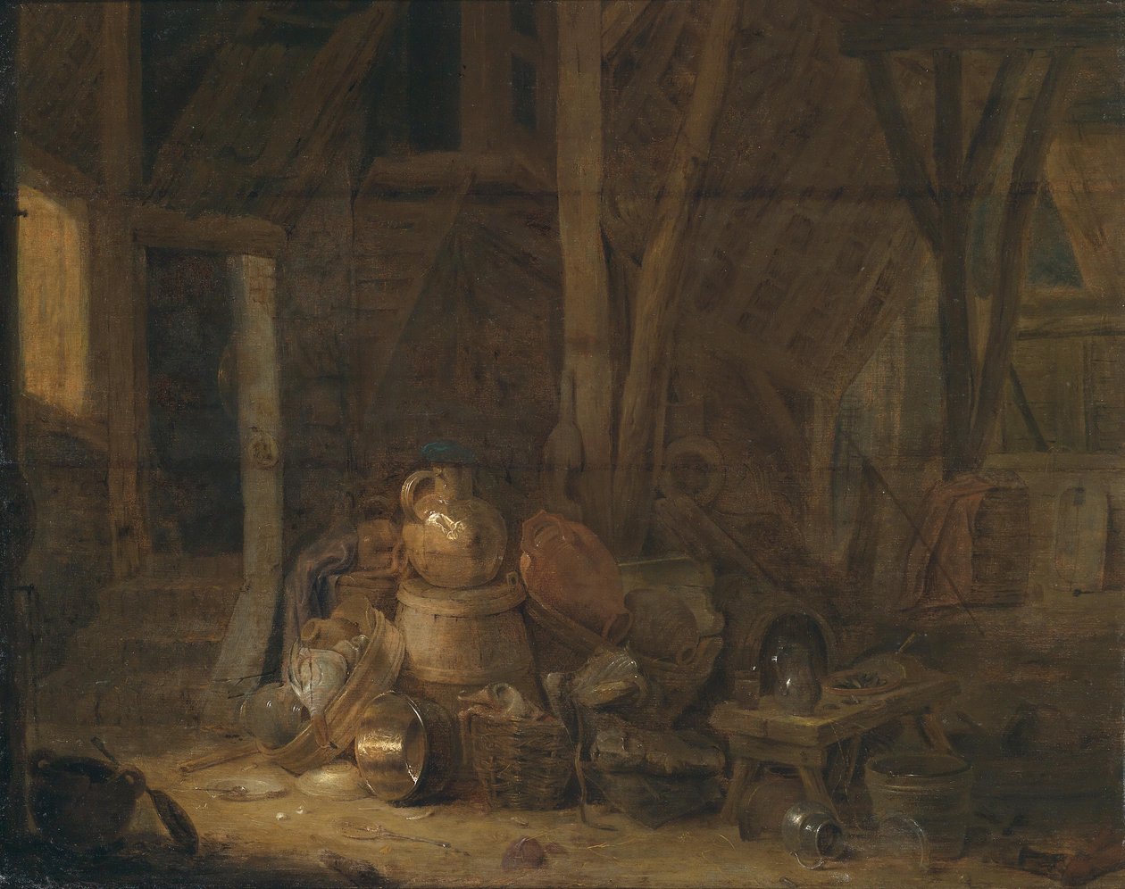 Scheuneninterieur, monogrammiert und datiert Mitte -linkit tekijältä Cornelis Saftleven