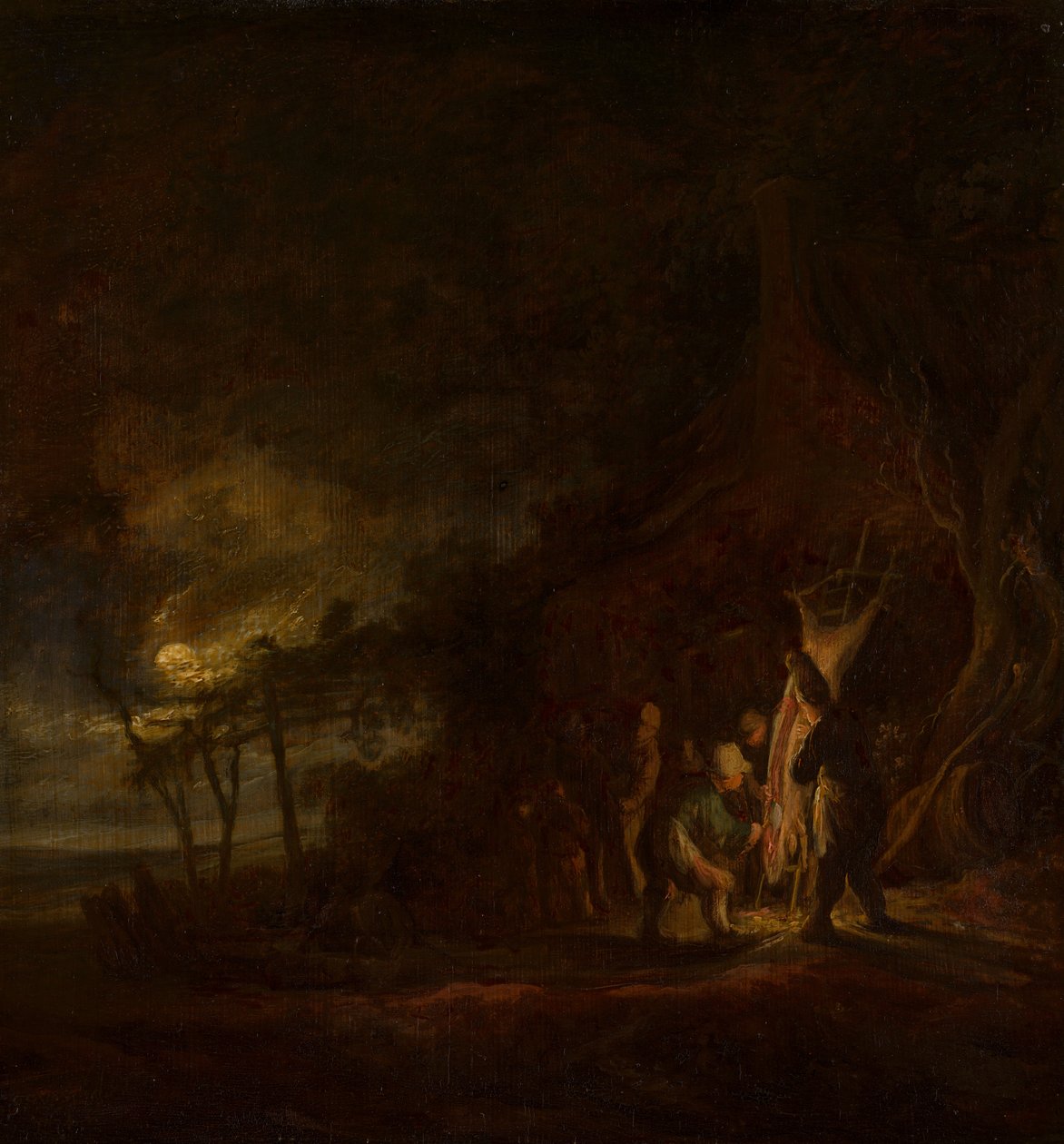 Teurastettu sika kuunvalossa maisemassa tekijältä Cornelis Symonsz van der Schalcke