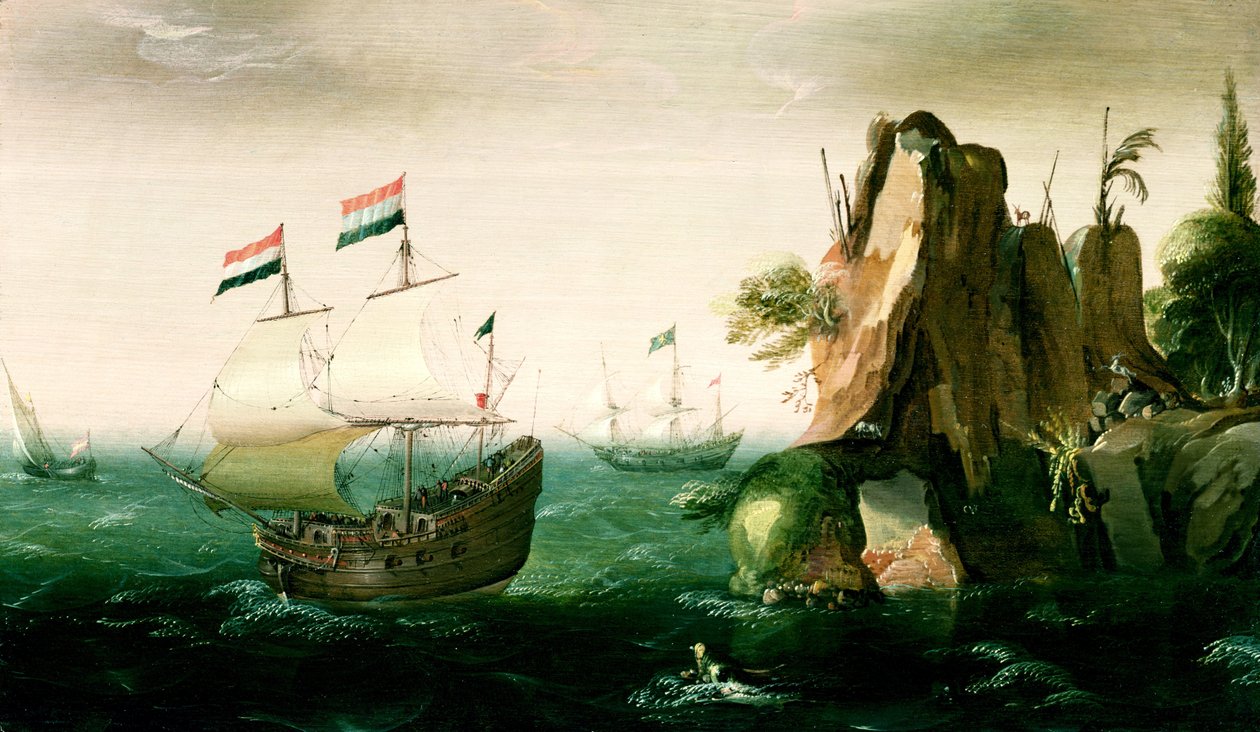 Hollantilainen kauppalaiva kalliorannikolla tekijältä Pieter Cornelisz. Verbeeck