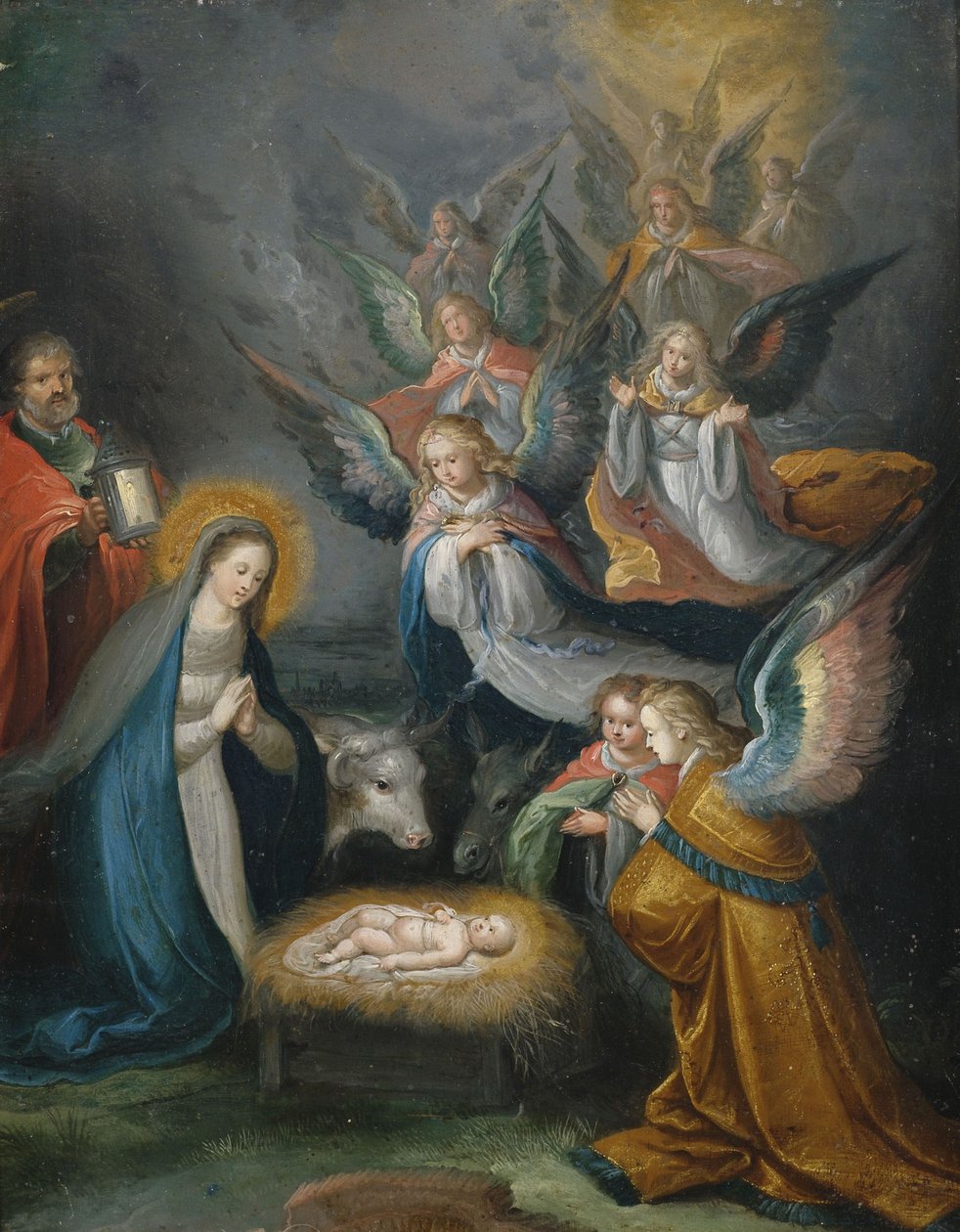 Die Heilige Familie mit Engeln, Anbetung des Kindes tekijältä Cornelis de Baellieur