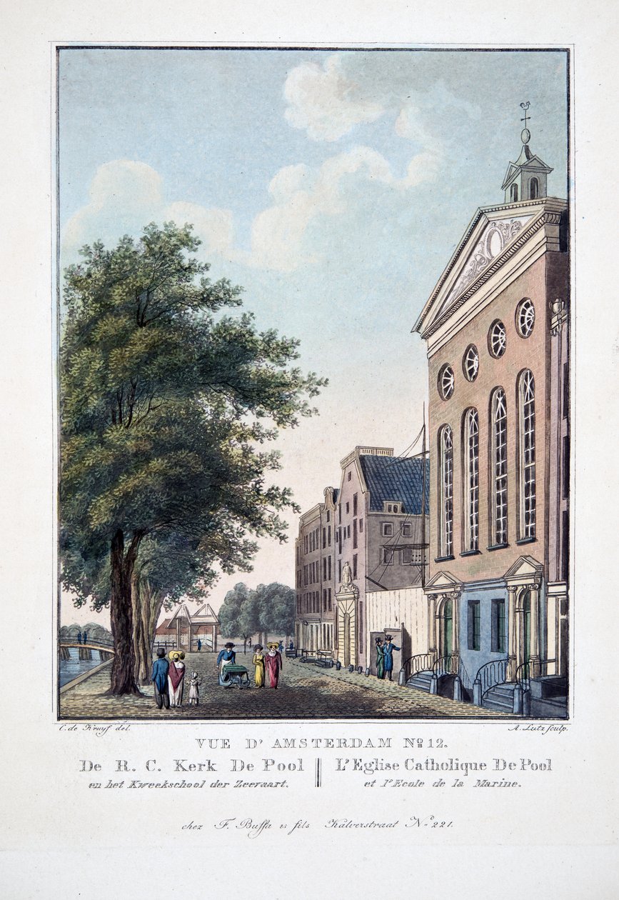 Näkymä Amsterdamiin nro 12. De R.C. Kerk De Pool en het Kweekschool der Zeeraart. De Poolin katolinen kirkko ja merikoulu, 1825 (käsinvärinen kaiverrus) tekijältä Cornelis de Kruyff