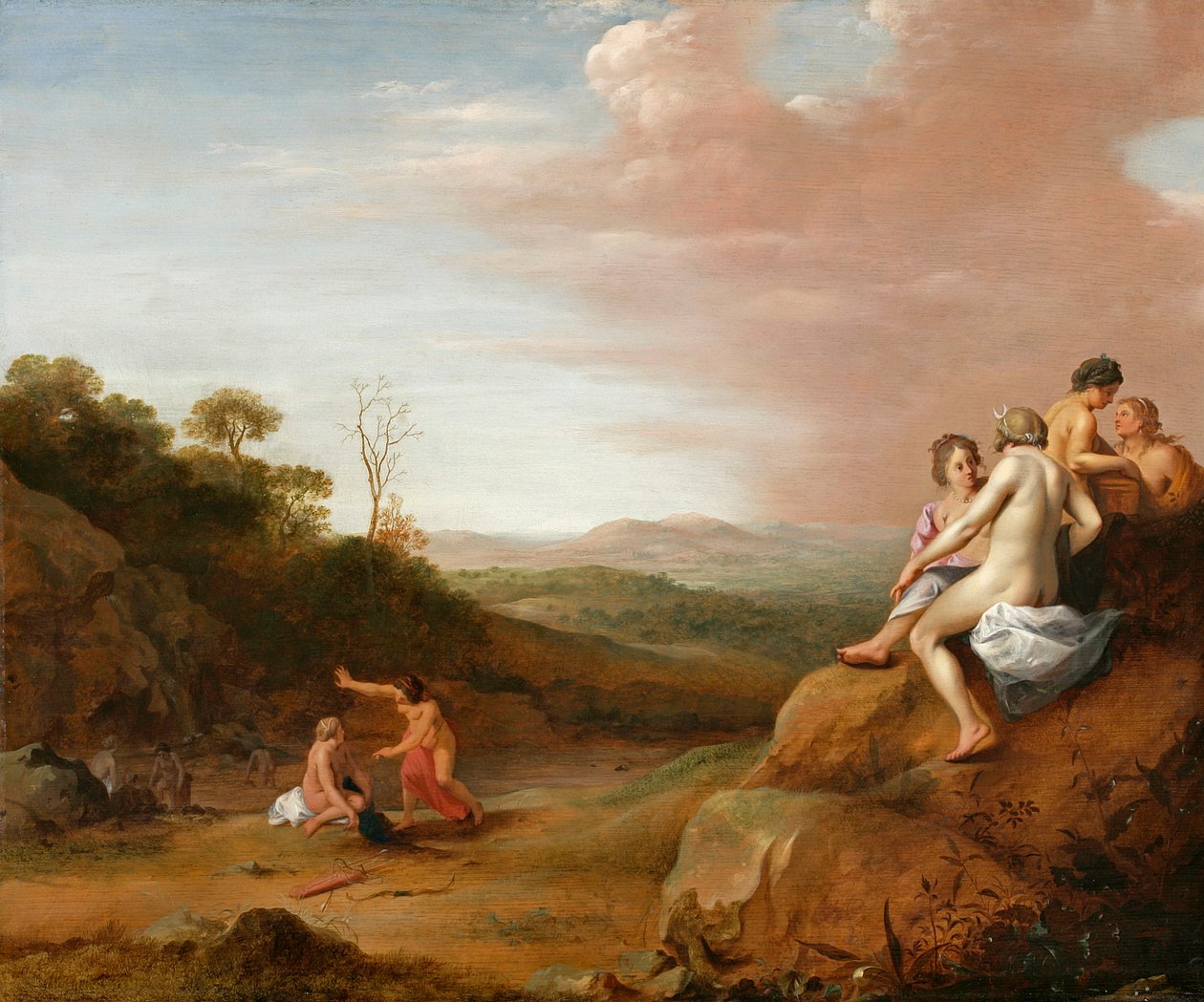 Diana ja hänen nymfinsä Calliston löydön kanssa tekijältä Cornelis van Poelenburgh or Poelenburch