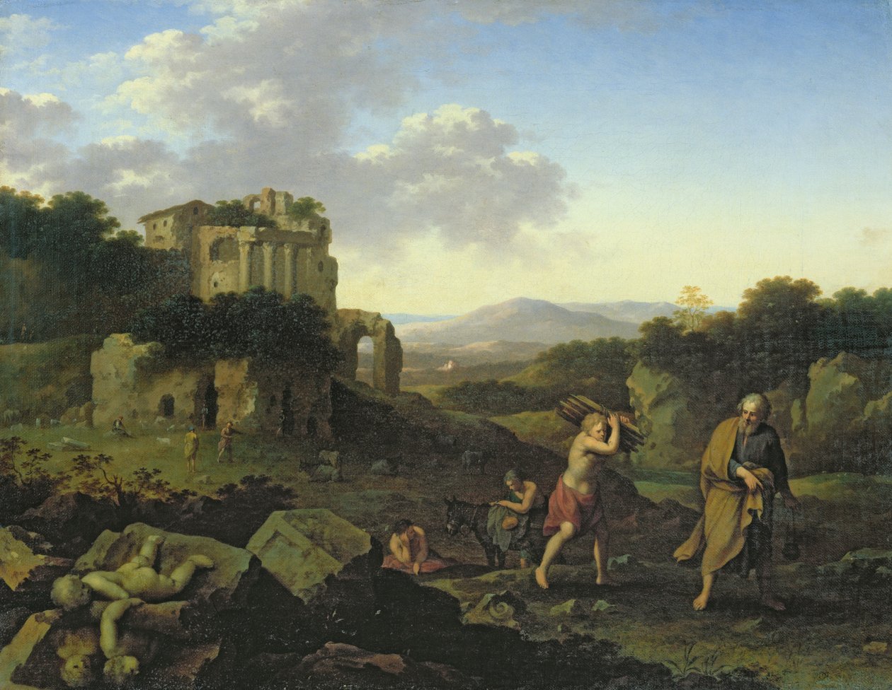Maisema Aabrahamin ja Iisakin kanssa tekijältä Cornelis van Poelenburgh or Poelenburch