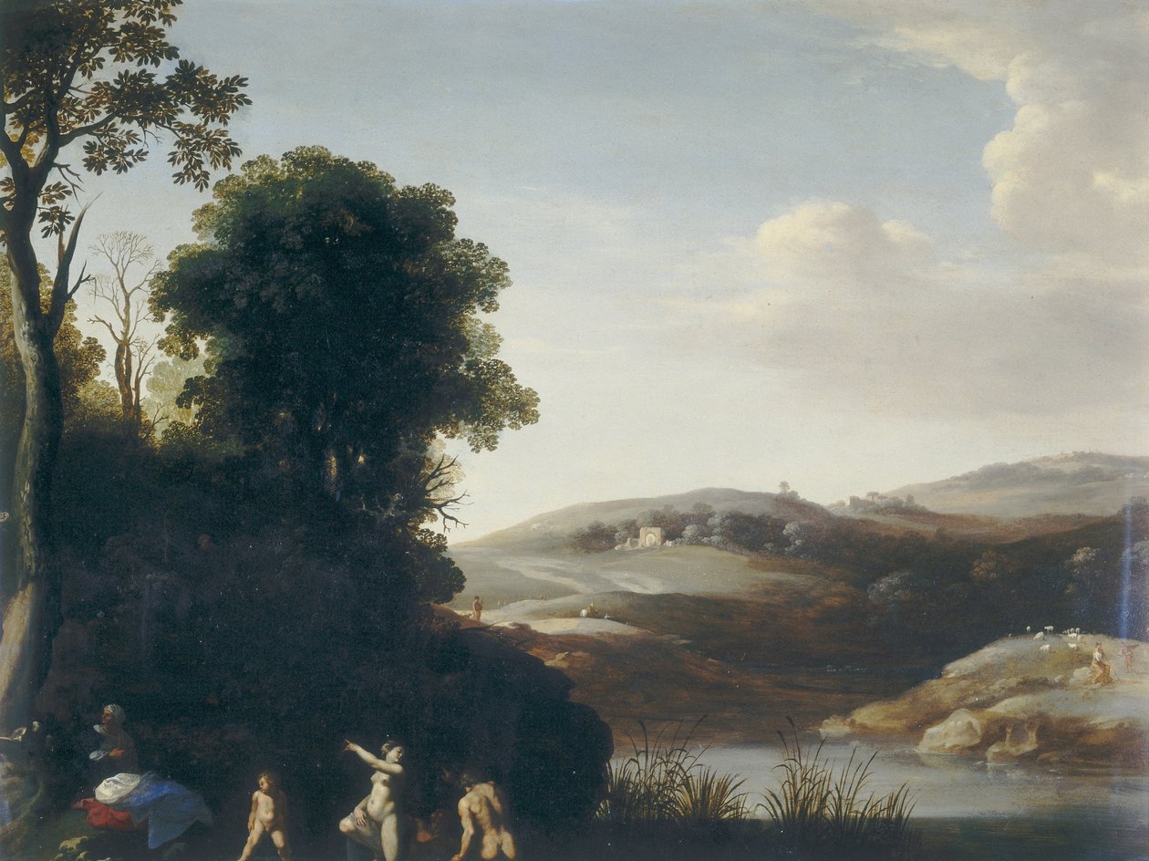 Maisema uimareiden kanssa tekijältä Cornelis van Poelenburgh or Poelenburch