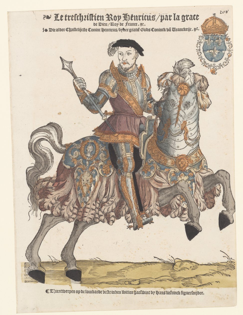Muotokuva Henry II:sta Ranskan panssariin hevosen selässä, oikealla tekijältä Cornelis Anthonisz. (manner of)