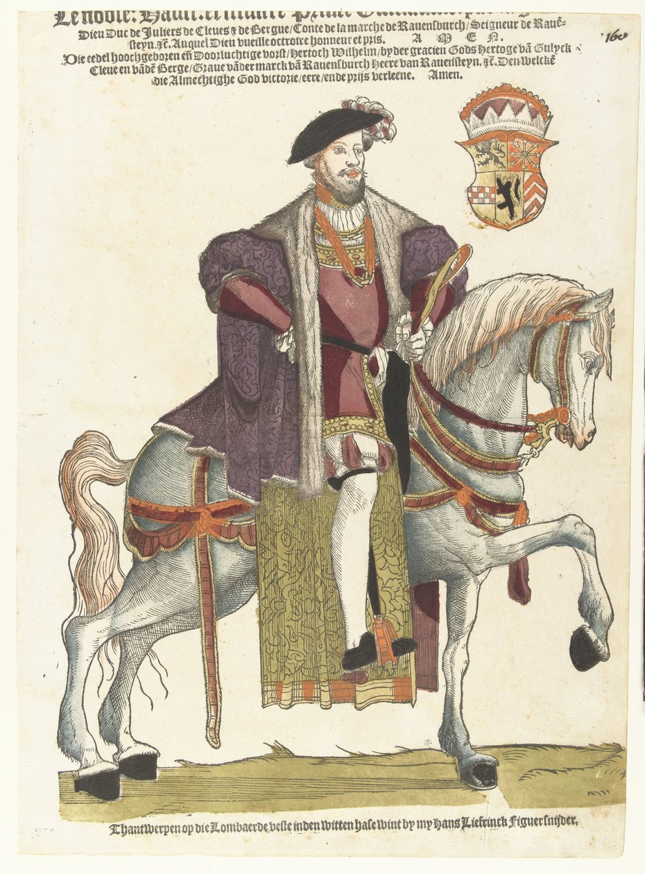 Herttua Willem van Clevesin, Jülichin ja Bergin muotokuva, Markuksen kreivi, Ravensteinin herra hevosen selässä tekijältä Cornelis Anthonisz. (manner of)