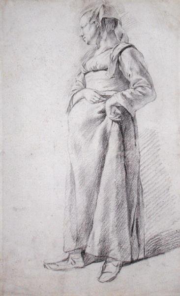 Seisova talonpoikanainen (musta liitu paperille) tekijältä Cornelis Pietersz Bega