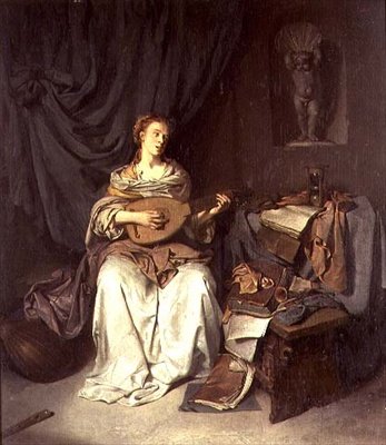 Tyttö laulaa ja soittaa luuttua tekijältä Cornelis Pietersz Bega