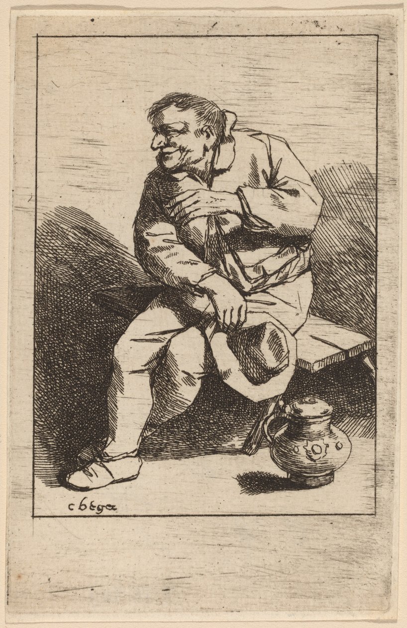 Istuva mies hattu oikeassa kädessään tekijältä Cornelis Pietersz Bega