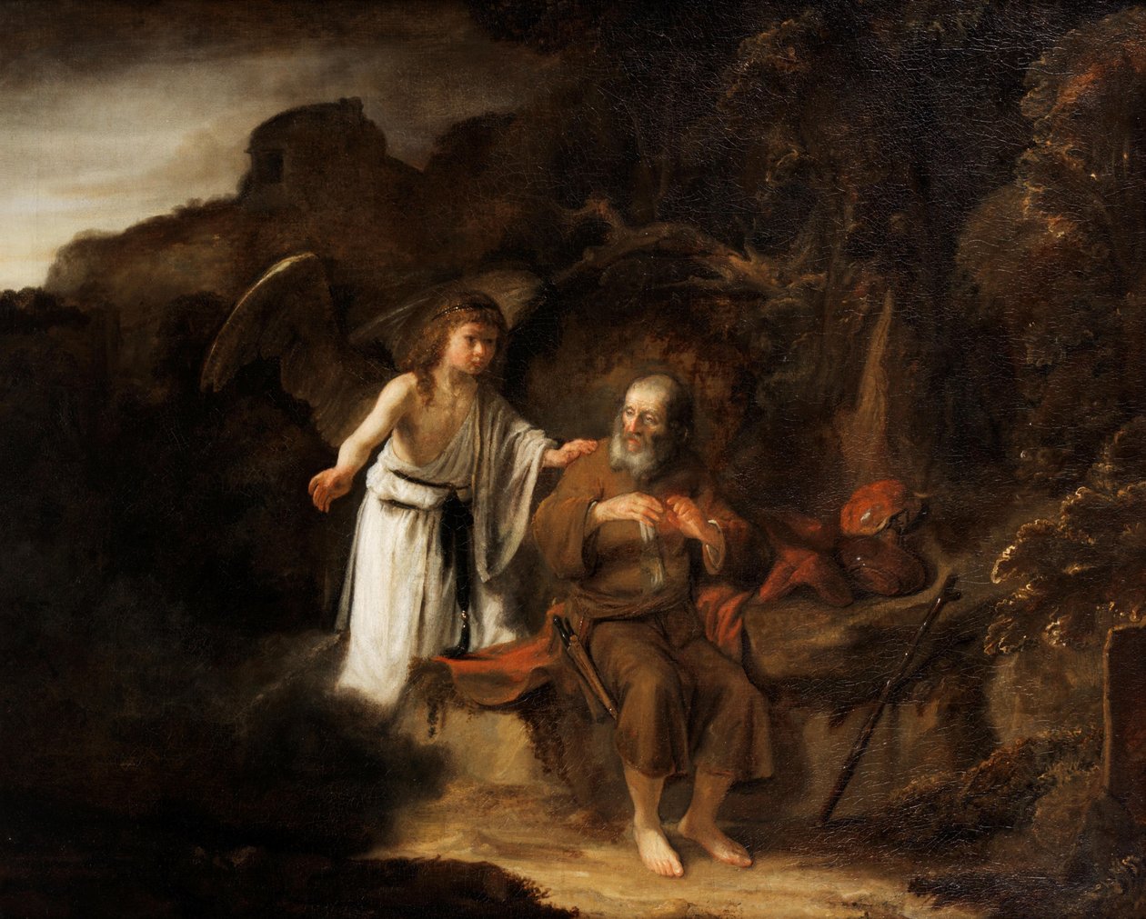 Hollantilainen:  Landschap met Elia en de engel Landscape with Elijah and the Angel (Maisema Elian ja enkelin kanssa) tekijältä Cornelis Bisschop