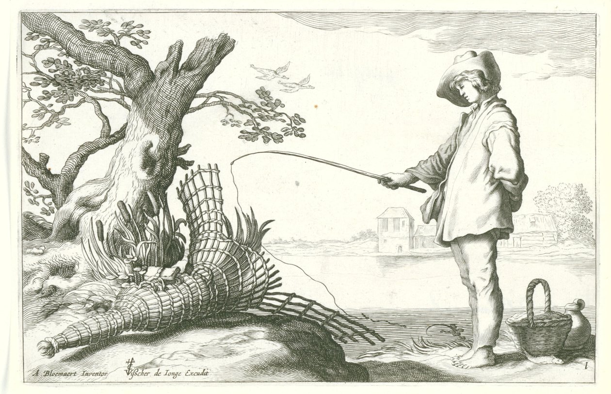 Nuori kalastaja Neljä pastoraalikohtausta (sarjan nimi) tekijältä Cornelis Bloemaert (II) (possibly)