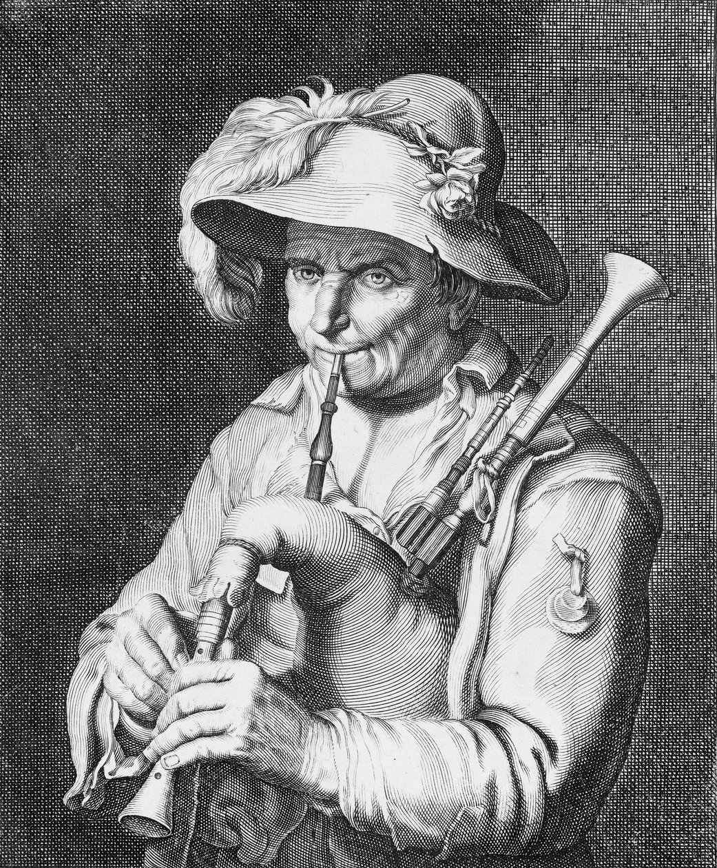 Säkkipilliä soittava mies, 1600-luku. tekijältä Cornelis Bloemaert