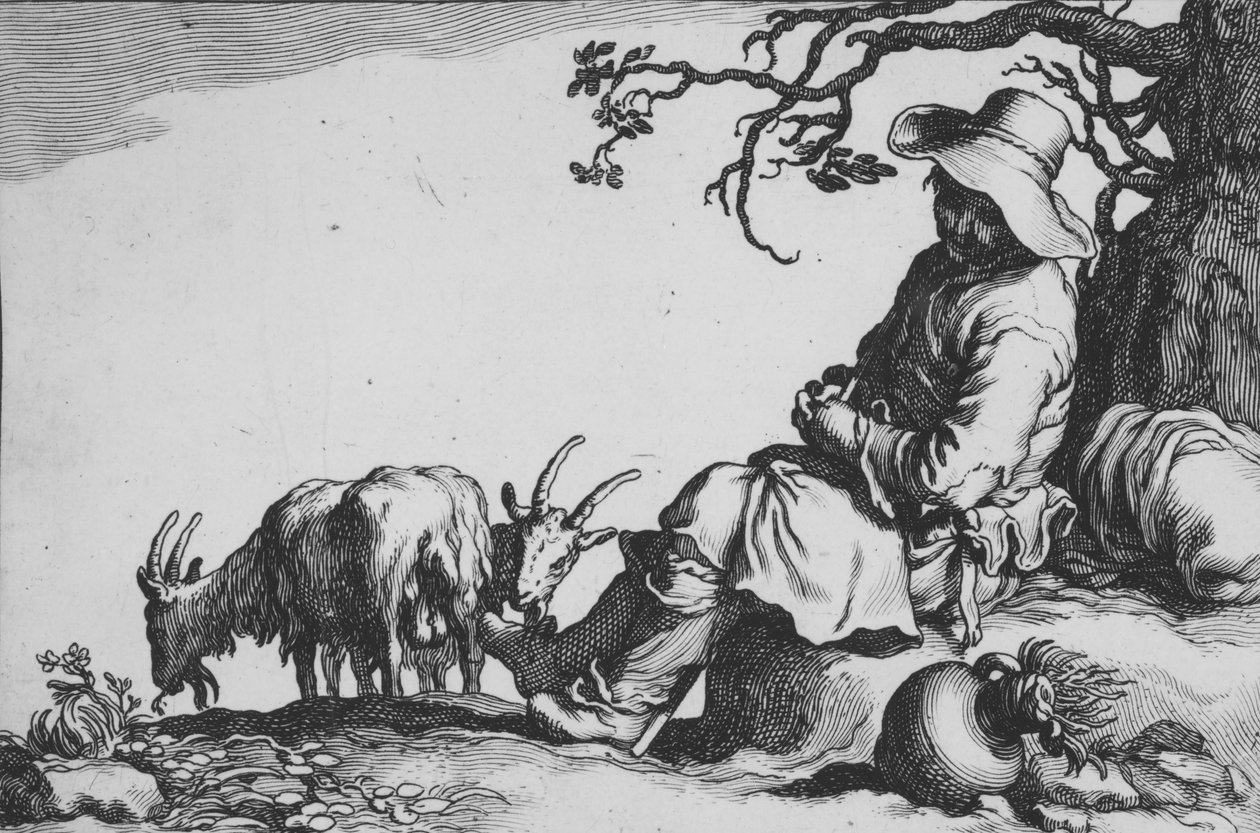 Pastoraali vuohipaimenen ja vuohien kanssa sarjasta Sixteen Farmasant Subjects, 1600-luku. tekijältä Cornelis Bloemaert