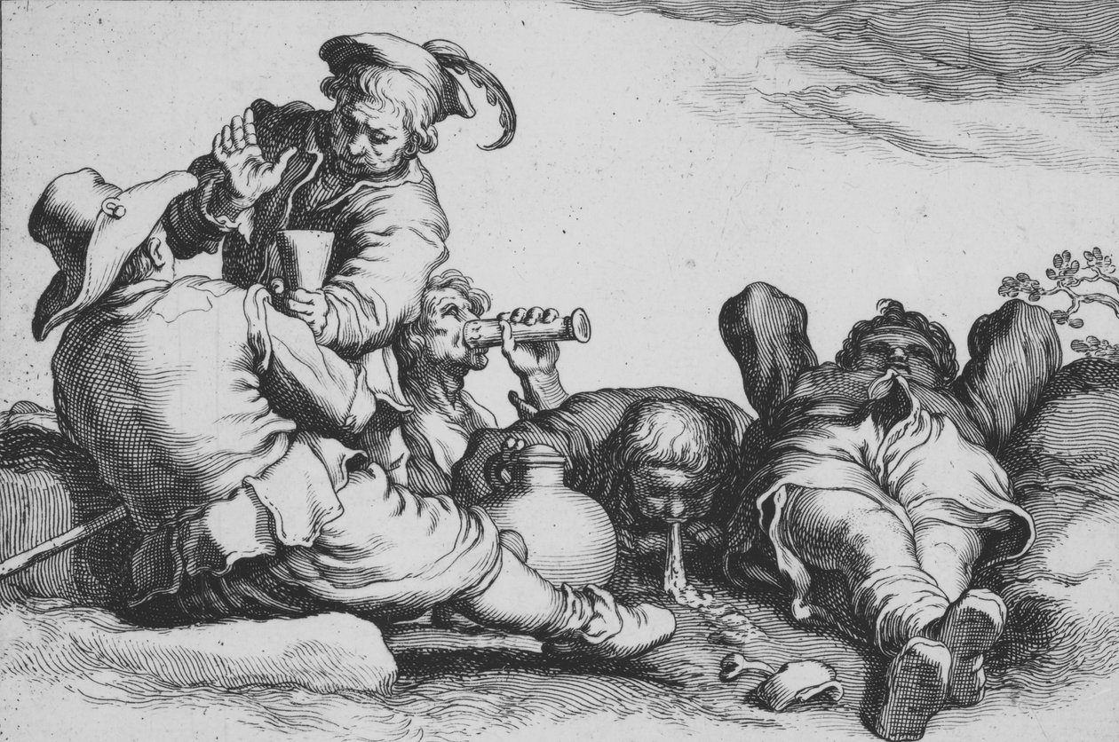 Talonpoikien juominen, sarjasta Sixteen Farmasant Subjects, 17th century. tekijältä Cornelis Bloemaert