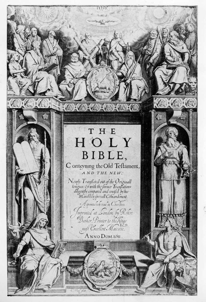 "Pyhän Raamatun" etukappale, pub. Kirjailija: Robert Barker, 1611 tekijältä Cornelis Boel