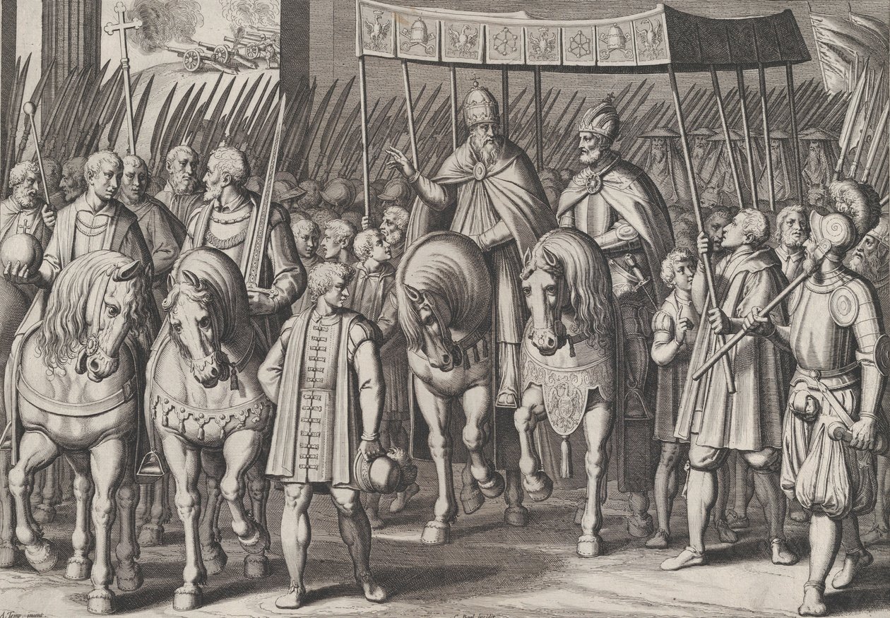 Levy 3: Kaarle V kruunattu keisari saapumassa Roomaan paavin kanssa Charlin voitosta..., 1614. tekijältä Cornelis Boel