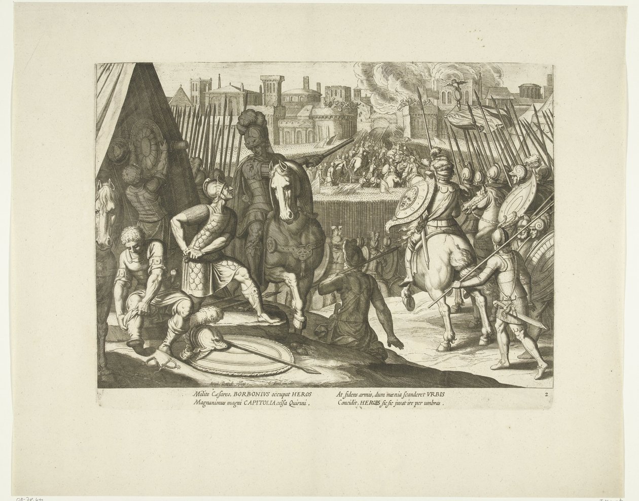 Rooman esittely, 1527, nro. 2 Scenes uit het leven van Karel V (sarjan nimi) Keisari Kaarle V:n elämä erittäin kauniissa kaiverruksissa, jotka on kaiverrettu kuuluisan A. Tempesten kuvioihin kahden taitavimman mestarin J. de Geinin ja C. Boelin toimesta. o tekijältä Cornelis Boel