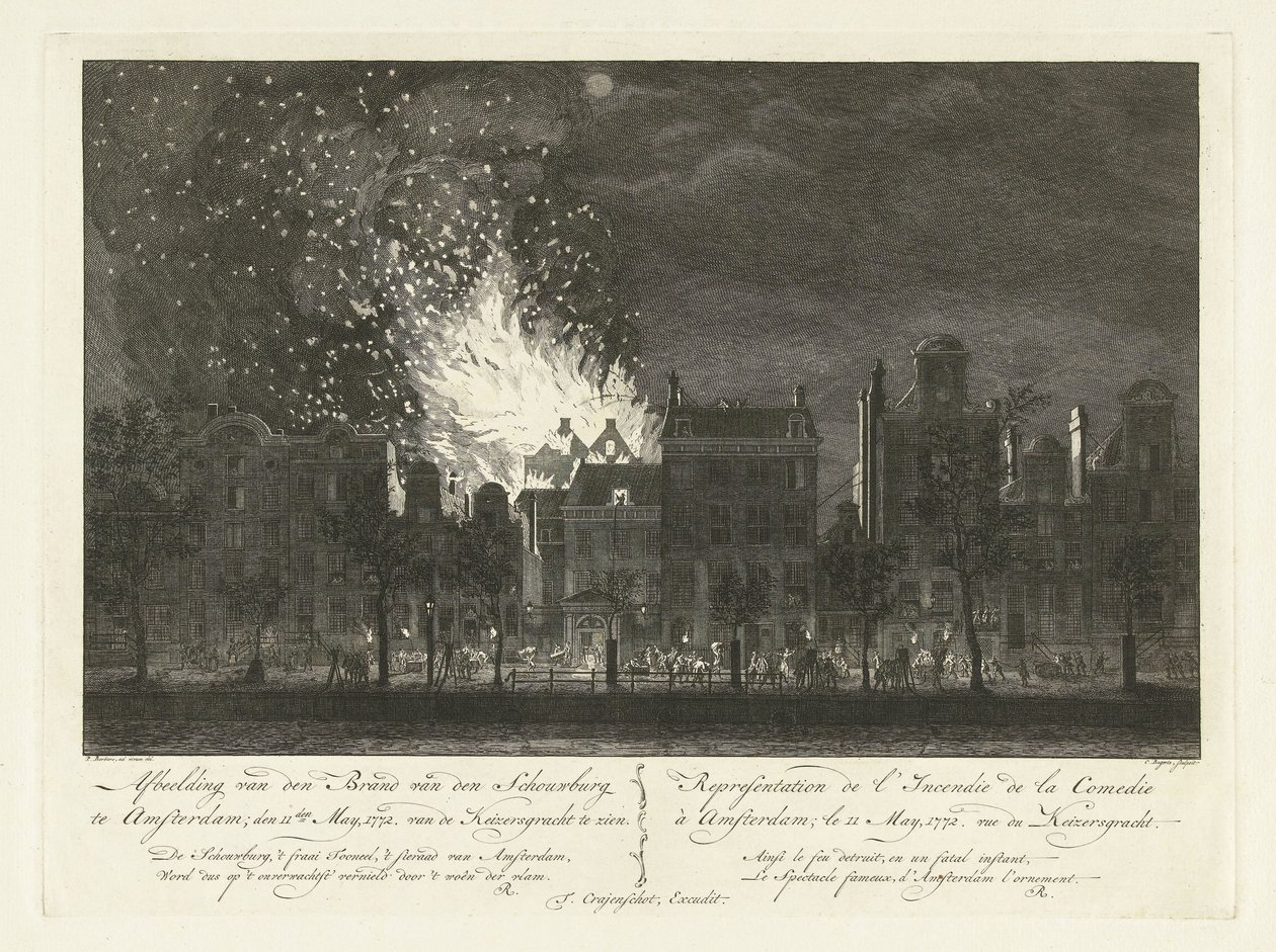 Tuli Amsterdamse Schouwburgissa Keizersgrachtin toiselta puolelta katsottuna, 1772 Kuvaus Schouwburgin tulipalosta Amsterdamissa; 11. toukokuuta 1772. Keizersgrachtista nähdä / Representation de l