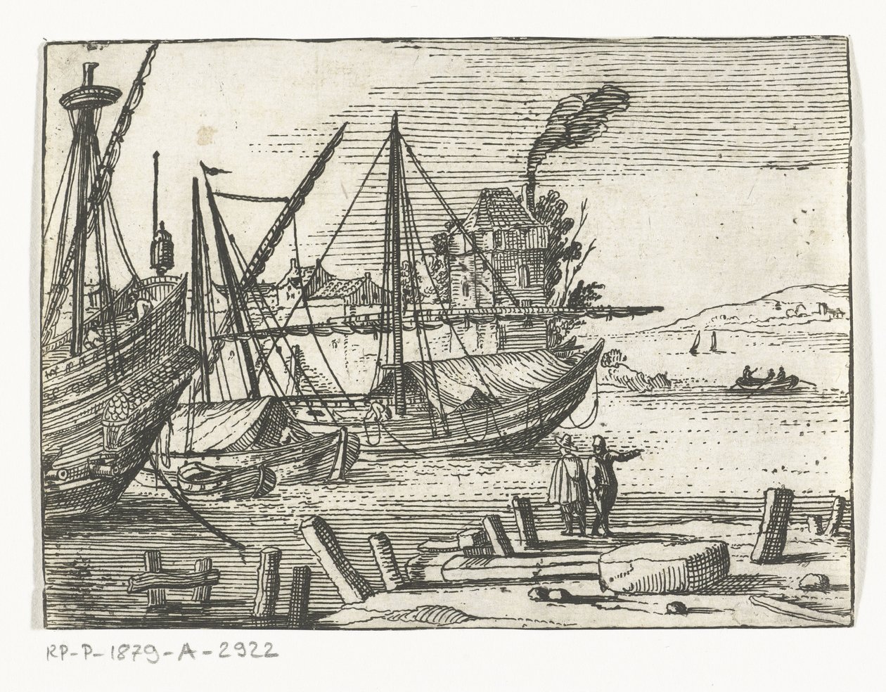 Vista del port amb dos vaixells de vela i un galió, dos homes dempeus al moll Paisatges i marines (títol de la sèrie) acabat tekijältä Cornelis Bol (attributed to)