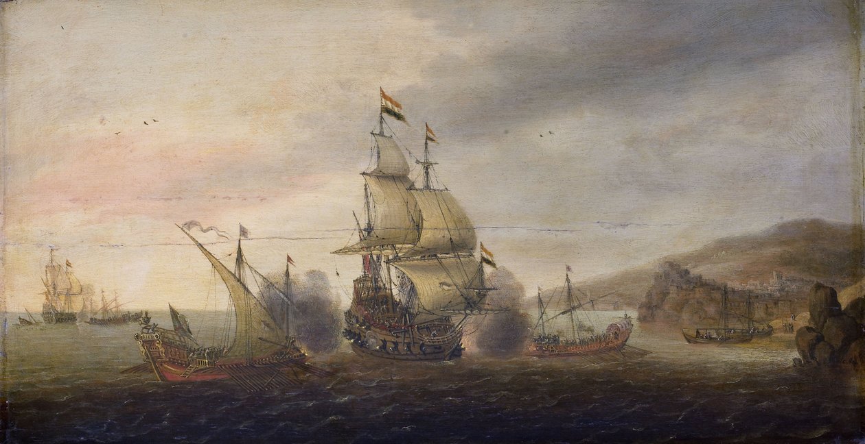 Meritaistelu hollantilaisten sotamiesten ja espanjalaisten Galeysien välillä tekijältä Cornelis Bol