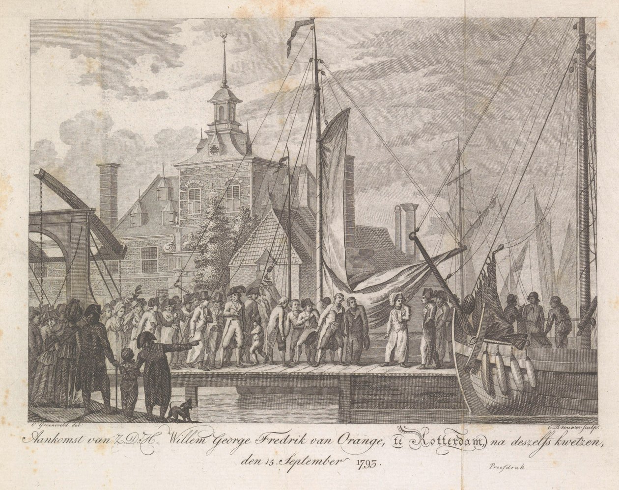 Haavoittuneen prinssi Willem George Frederikin saapuminen Rotterdamiin, 1793 Z.D.H.:n saapuminen Willem George Fredrik van Oranje, Rotterdamissa haavojensa jälkeen, 15. syyskuuta 1793 (otsikko esineessä) tekijältä Cornelis Brouwer