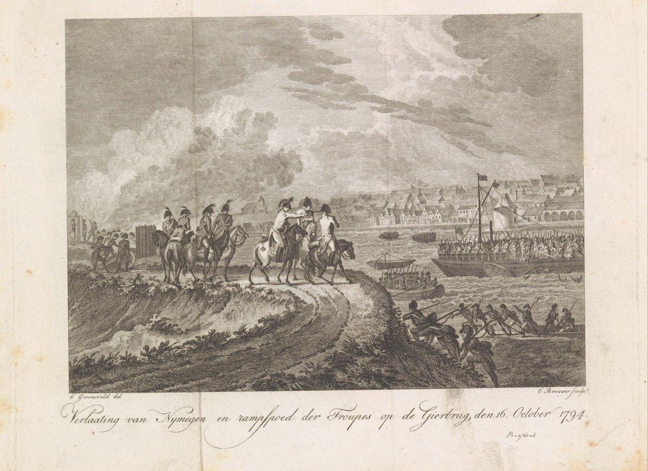 Ranskalaiset ampuivat pakenevat joukot Gierbrugilla, 1794 Nymegenin hylkääminen ja Korppikotkasillan ryhmien katastrofi, 16. lokakuuta 1794 (otsikko esineessä) tekijältä Cornelis Brouwer