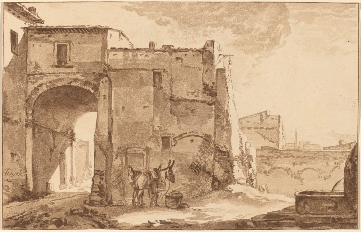 Gateway with Traveller and Mule, 1781, julkaistu 1782. tekijältä Cornelis Brouwer