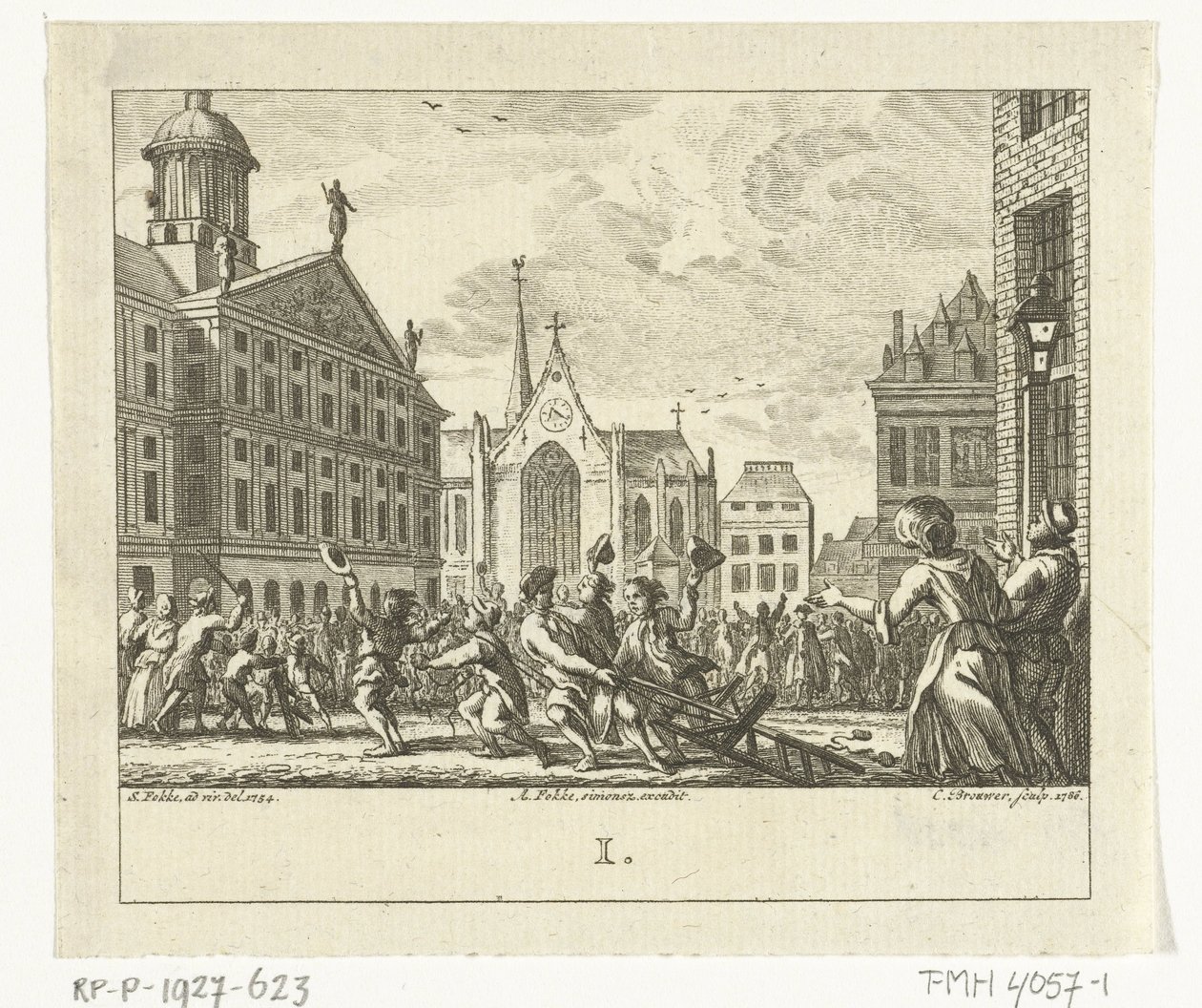 Kapina Daniël Raapin hautajaisissa Amsterdamin Dam-aukiolla vuonna 1754 tekijältä Cornelis Brouwer