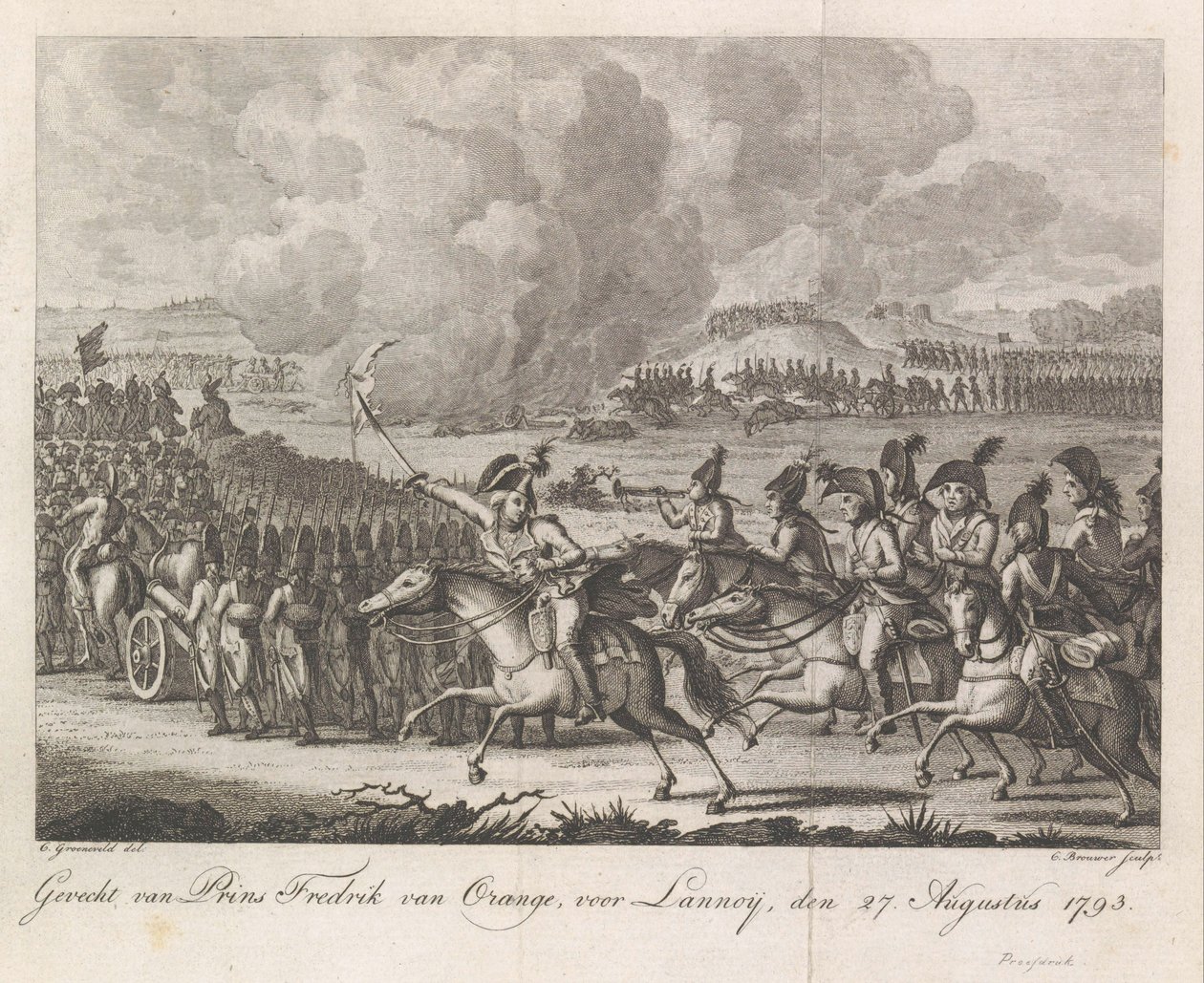 Prinssi William George Frederik Lannoyn taistelussa 1793 Prinssi Frederick of Orangen taistelu ennen Lannoya, 27. elokuuta 1793 (otsikko esineessä) tekijältä Cornelis Brouwer