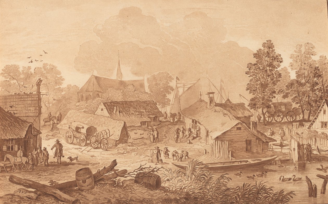 Kylä lampineen, c. 1782. tekijältä Cornelis Brouwer