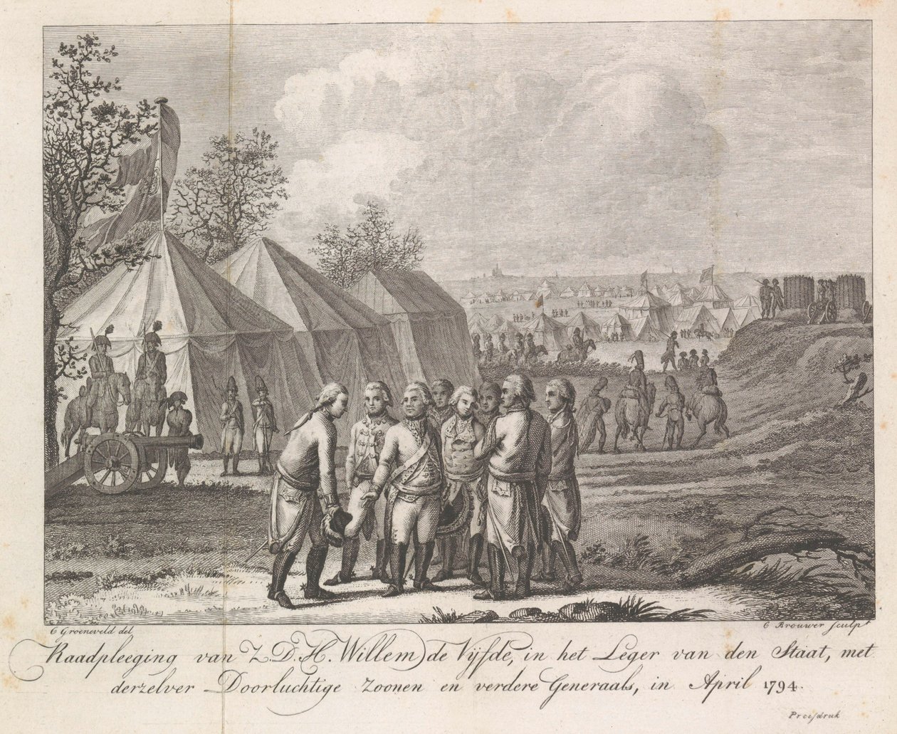 William V poikiensa kanssa armeijan leirillä, 1794 Z.D.H.:n kuuleminen William Fifth, osavaltion armeijassa rauhallisten poikiensa ja muiden kenraalien kanssa huhtikuussa 1794 (otsikko esineessä) tekijältä Cornelis Brouwer