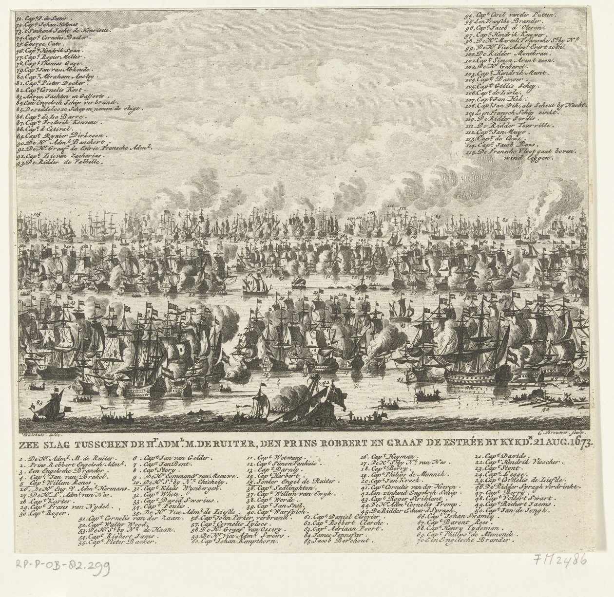 Kijkduinin taistelu, 1673 Merivoimien taistelu Hr. järjestelmänvalvoja M. de Ruiter, Prinssi Robbert ja Kreivi de Estrée, Kykdn. 21. elokuuta 1673 (otsikko esineessä) tekijältä Cornelis Brouwer