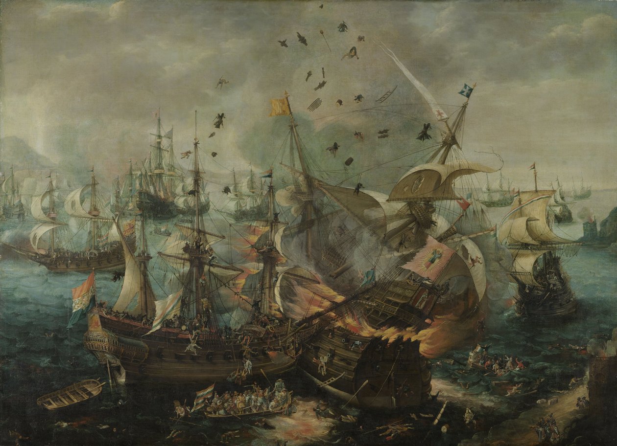 Espanjan lippulaivan räjähdys Gibraltarin taistelun aikana, n. 1621 (öljy kankaalle) tekijältä Cornelis Claesz  van Wieringen