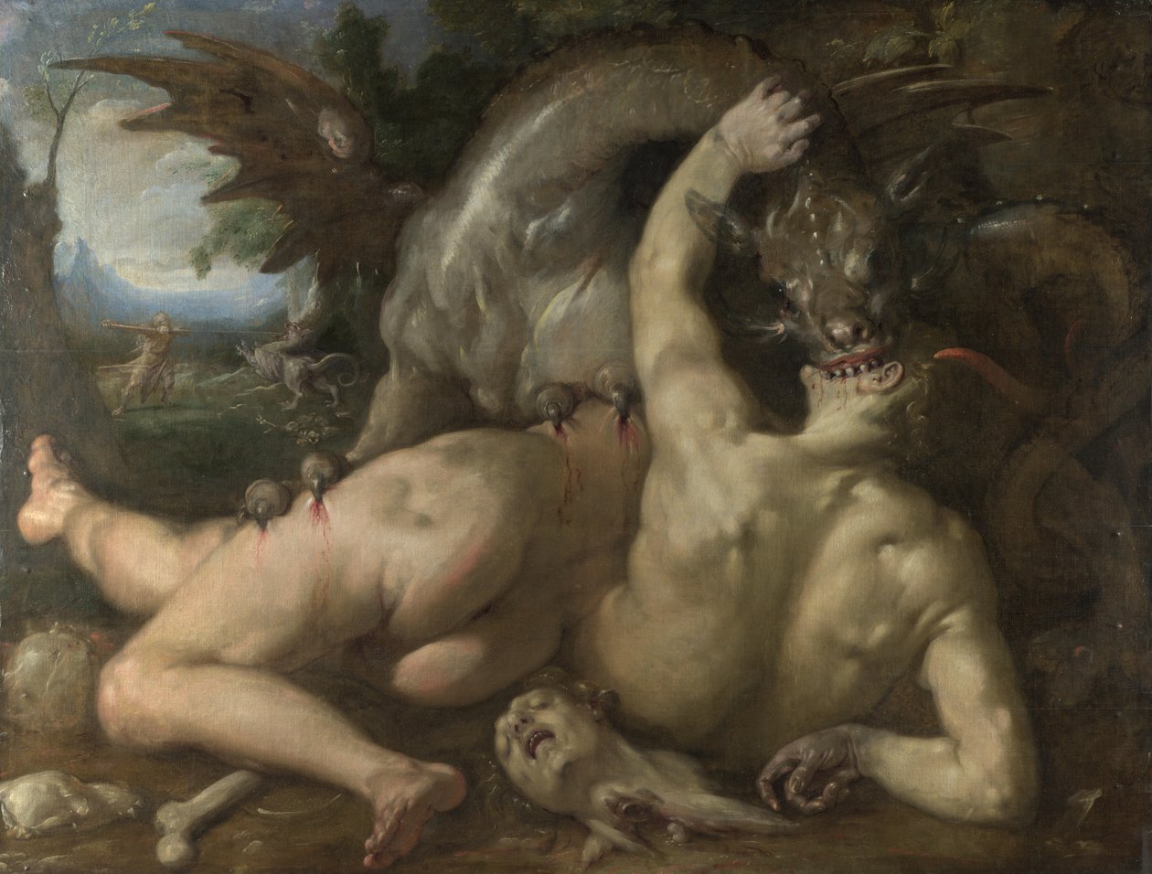 Lohikäärmeen söi kaksi Kadmuksen seuraajaa, 1588 tekijältä Cornelis Cornelisz. Haarlem van