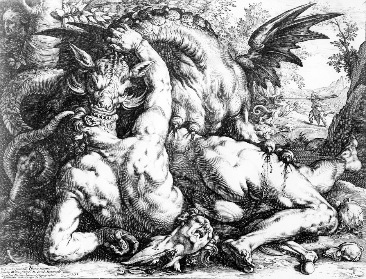 Lohikäärme syö Cadmuksen tovereita, kaiverrus Hendrik Goltzius, 1588 tekijältä Cornelis Cornelisz van Haarlem