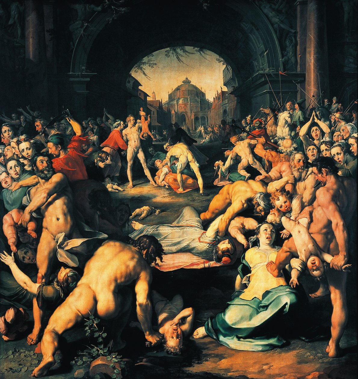 Viattomien verilöyly, triptyykin keskipaneeli, Cornelis Cornelisz van Haarlem (1562-1638) tekijältä Cornelis Cornelisz. van Haarlem