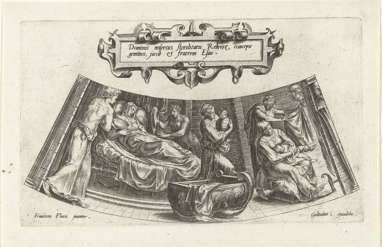Jaakobin ja Esaun syntymä The History of Jacob (sarjan nimi) tekijältä Cornelis Cort