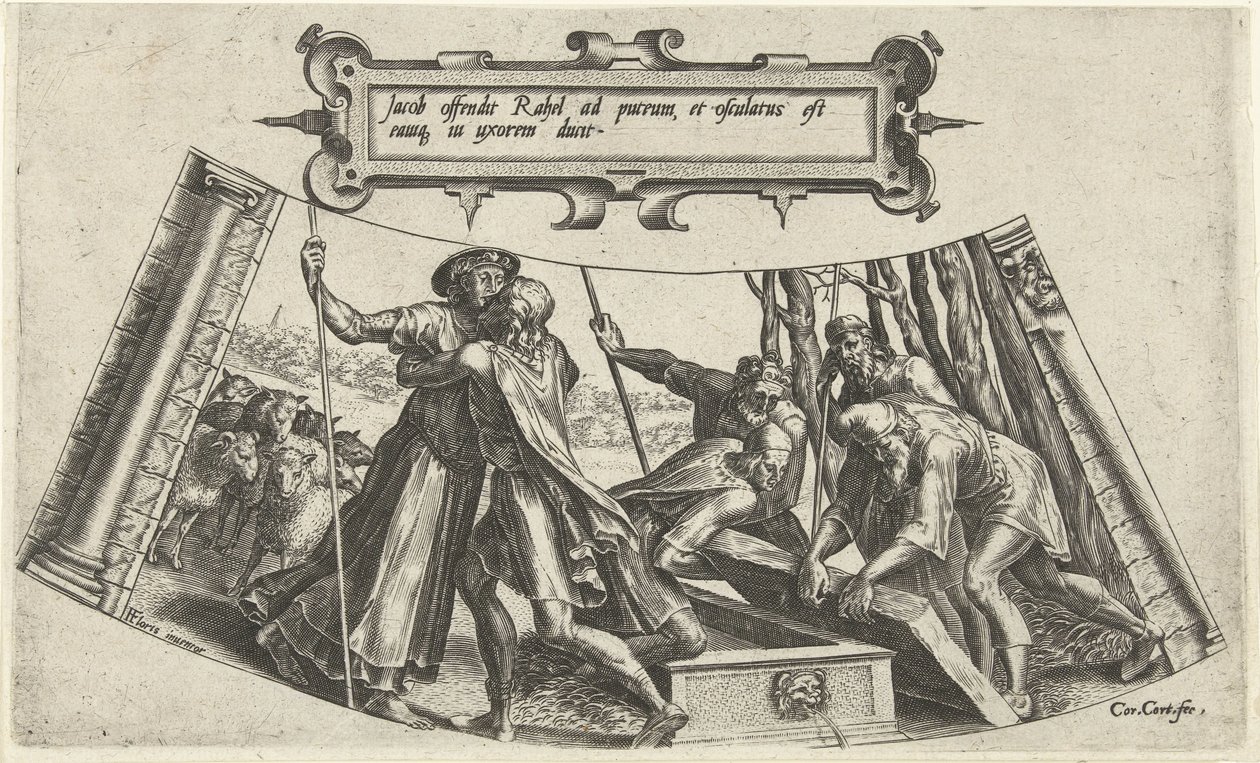 Jaakobin ja Raakelin tapaaminen kaivolla The History of Jacob (sarjan nimi) tekijältä Cornelis Cort