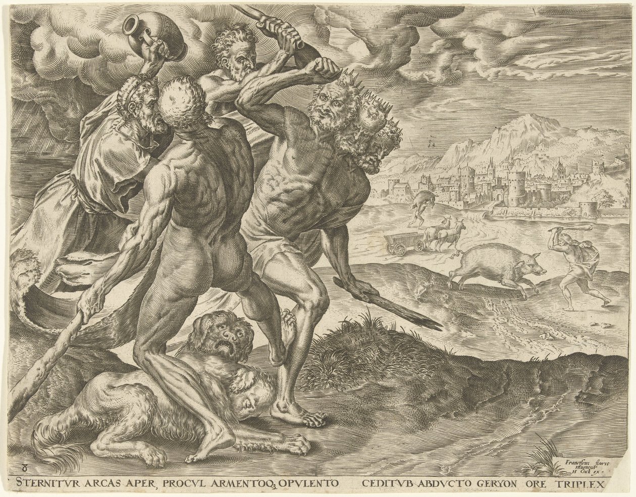Hercules tappaa Geryonin ja hänen koiransa Labors of Hercules (sarjan nimi) tekijältä Cornelis Cort