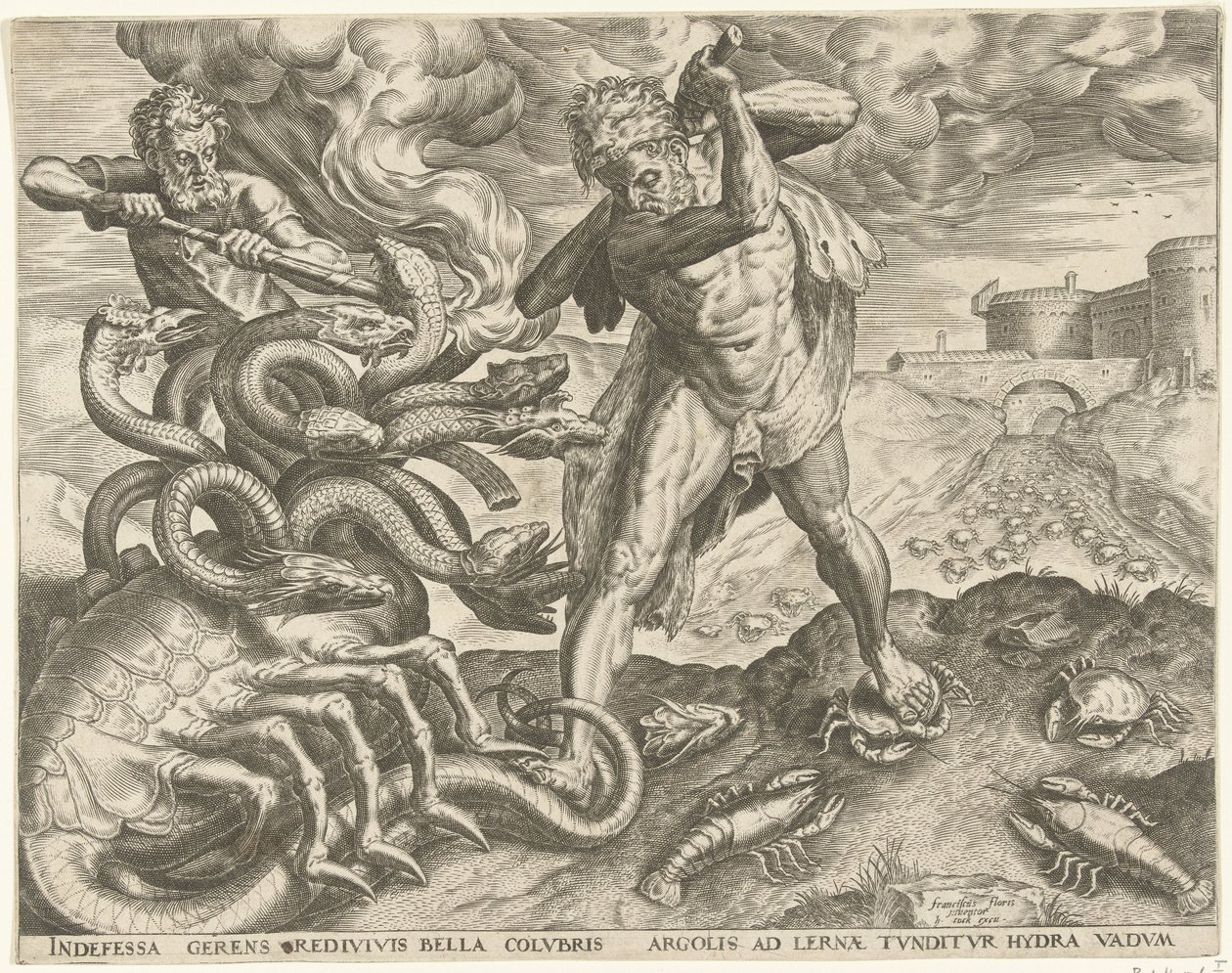 Hercules valloittaa Lernan hydran Labors of Hercules (sarjan nimi) tekijältä Cornelis Cort