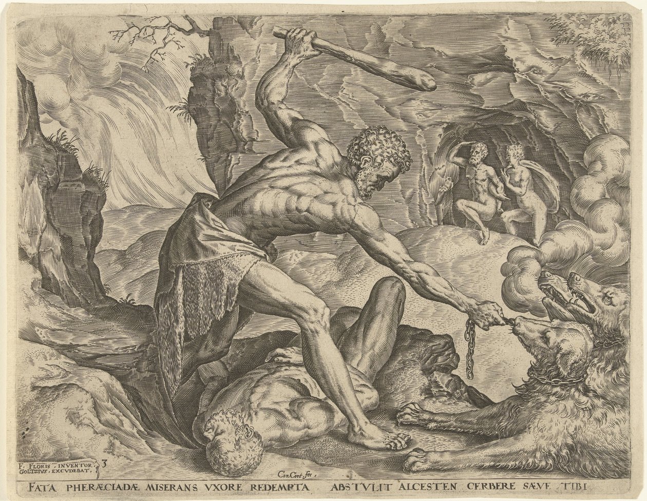 Hercules vetää Cerberuksen ulos helvetistä Labors of Hercules (sarjan nimi) tekijältä Cornelis Cort