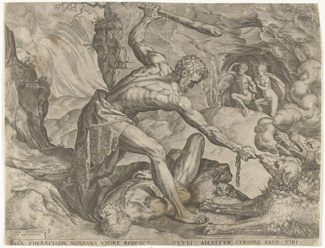Hercules vetää Cerberuksen ulos helvetistä Labors of Hercules (sarjan nimi) tekijältä Cornelis Cort