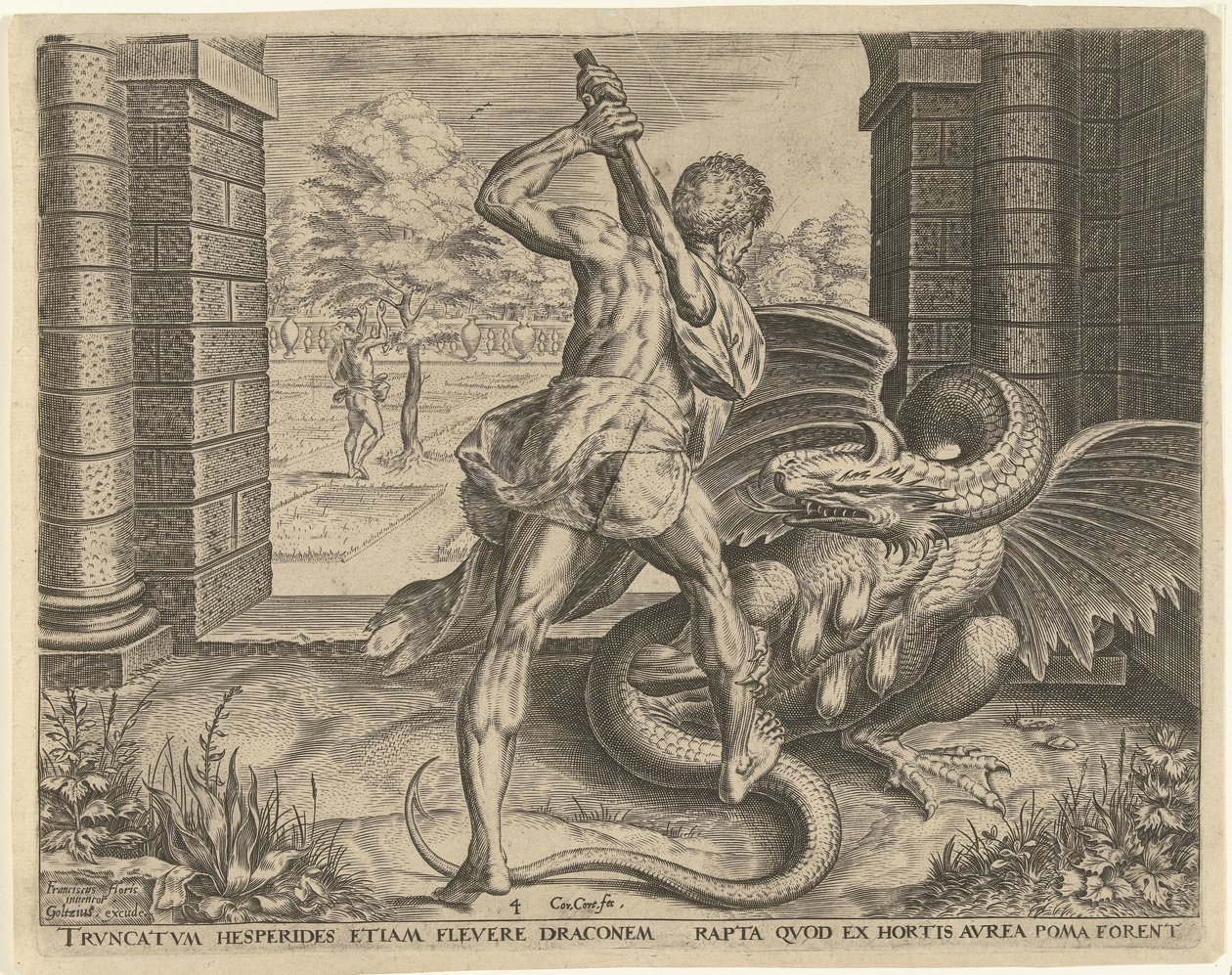 Hercules varastaa Hesperidien kultaiset omenat Labors of Hercules (sarjan nimi) tekijältä Cornelis Cort