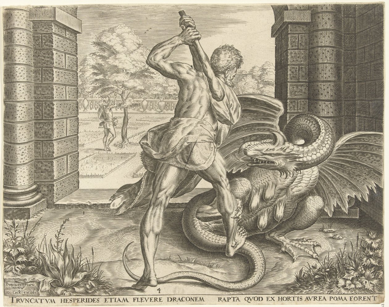 Hercules varastaa Hesperidien kultaiset omenat Labors of Hercules (sarjan nimi) tekijältä Cornelis Cort