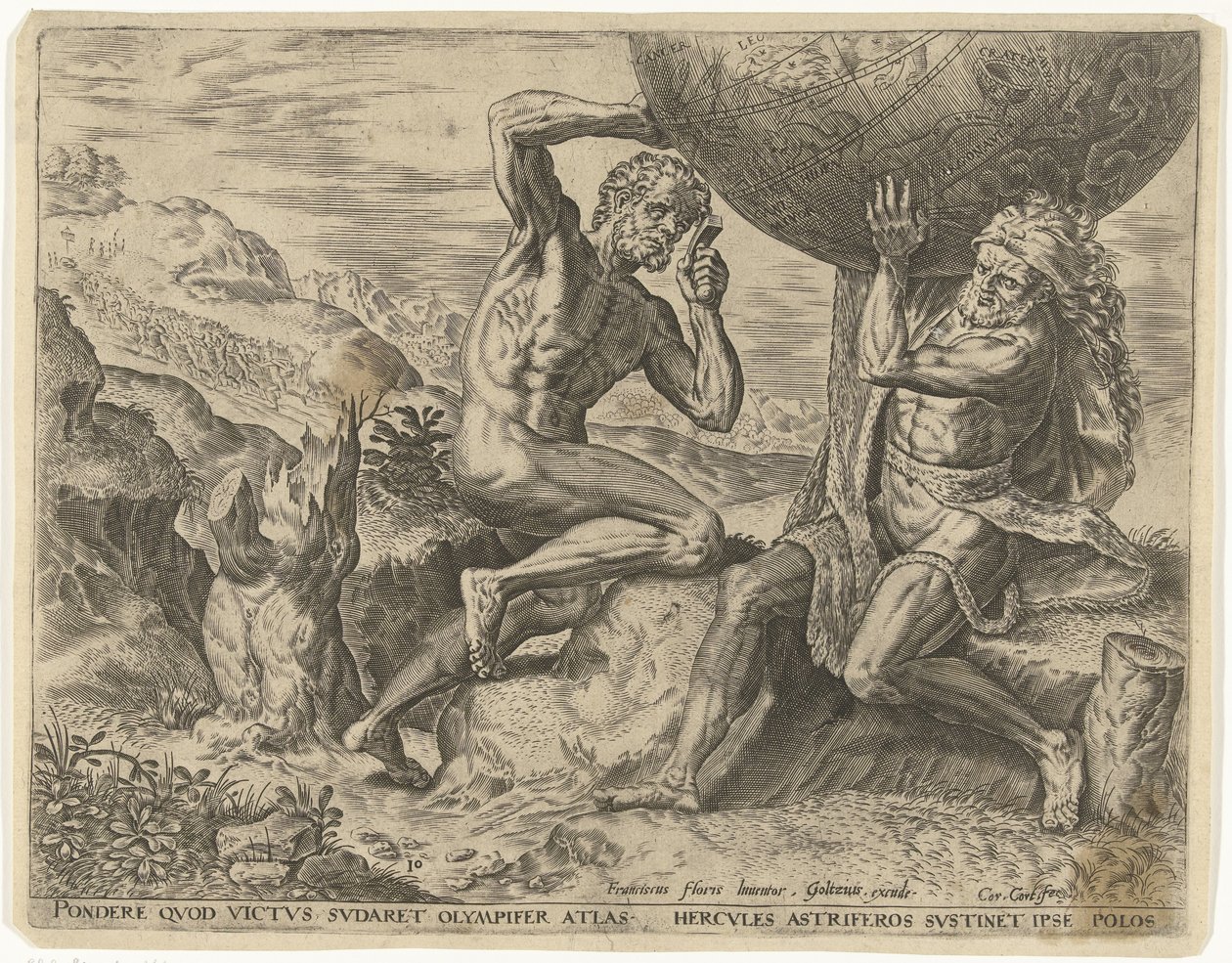 Hercules kantaa maapalloa Atlakseen Labors of Hercules (sarjan nimi) tekijältä Cornelis Cort