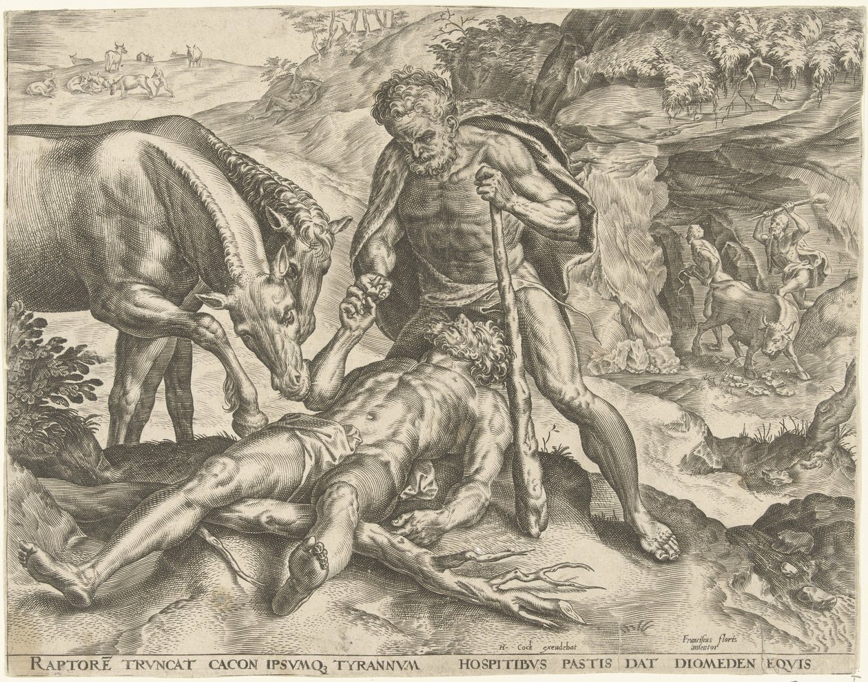Hercules ruokkii Diomedesta hevosilleen Labors of Hercules (sarjan nimi) tekijältä Cornelis Cort