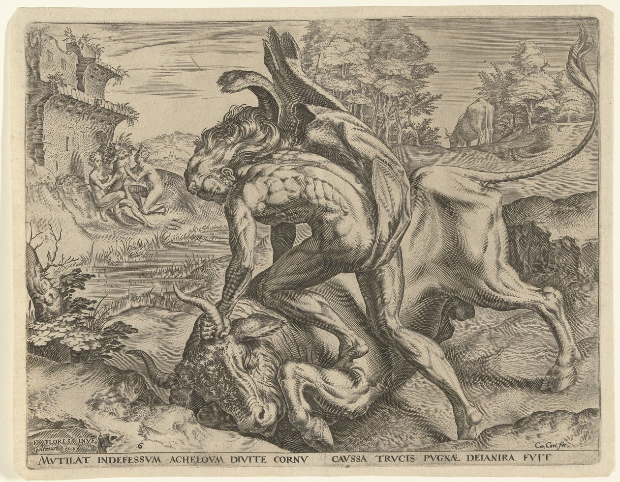 Hercules painii Achelousin kanssa Labors of Hercules (sarjan nimi) tekijältä Cornelis Cort