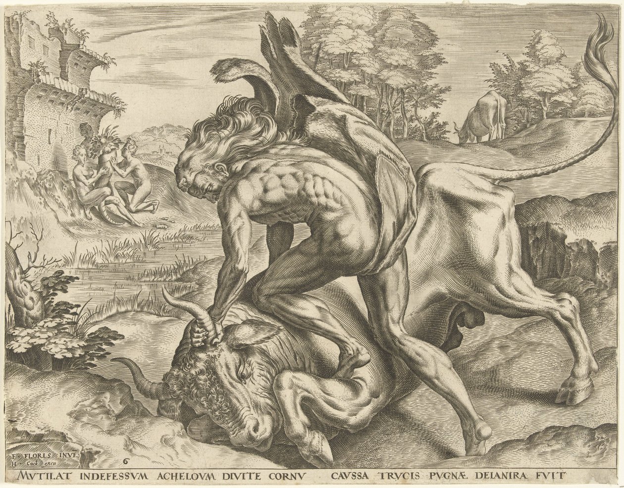 Hercules painii Acheloüsin kanssa Labors of Hercules (sarjan nimi) tekijältä Cornelis Cort